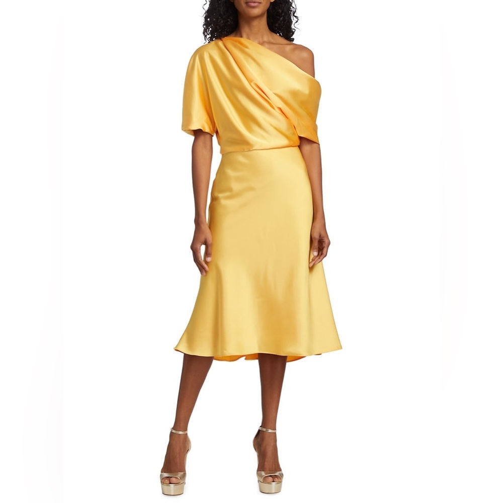 $385 Amsale Draped One-Shoulder Satin Midi-Dress